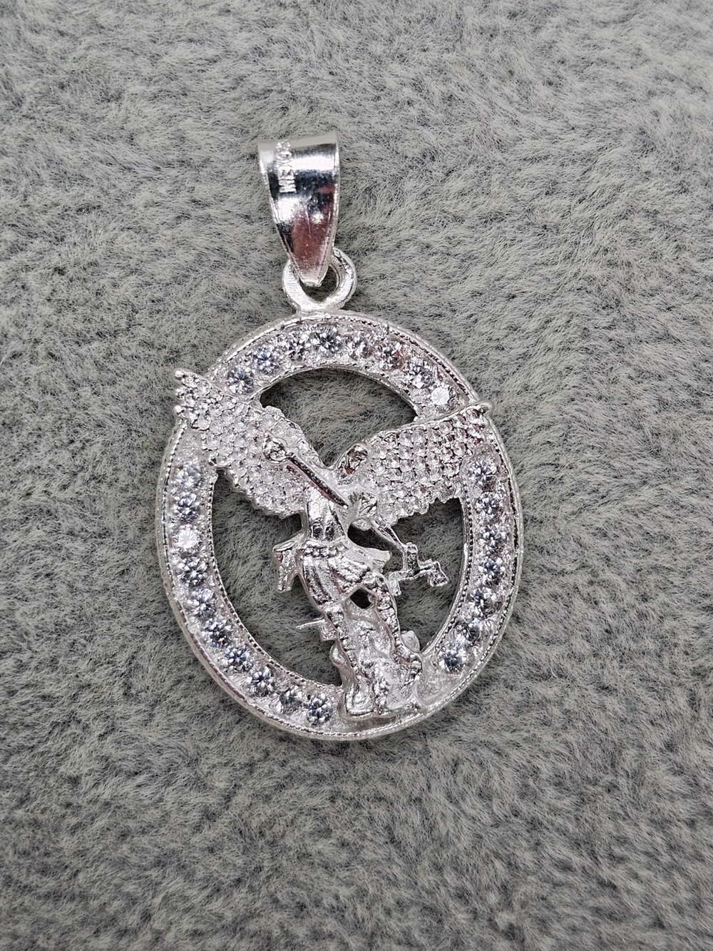Saint Michael Archangel CZ 925 Sterling Silver Pendant Charm Religious 24.5mm